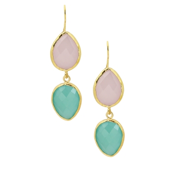 Earring made from brass, goldplated, aqua Chalcedony, Rosequartz